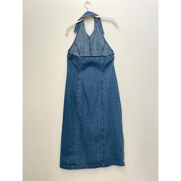 y2k 90s Vintage Denim Halter Midi Dress Size 8P Blue Button-Up Sleeveless Collar - Picture 2 of 15
